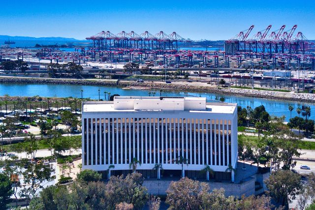Aerial view of a port and office building