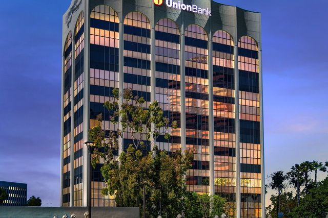 High-rise office building at twilight